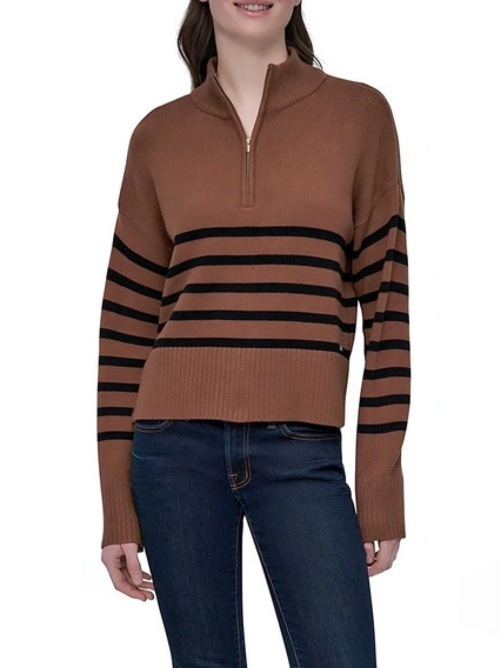NWT DKNY Striped Quarter-Zip Sweater in Brown & Black